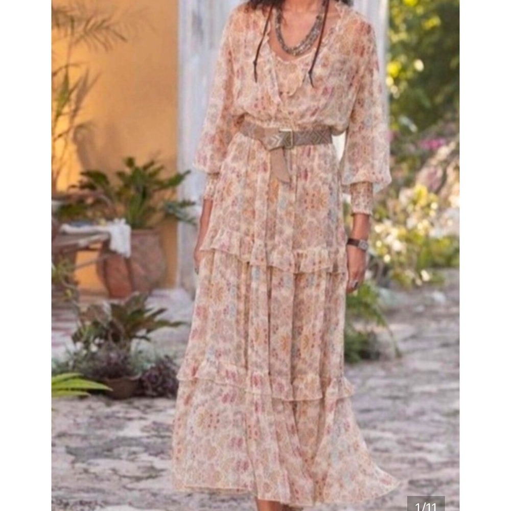 Sundance Wild Desert Bloom Tiered Floral Maxi Dress Long Sleeve Bohemian Large